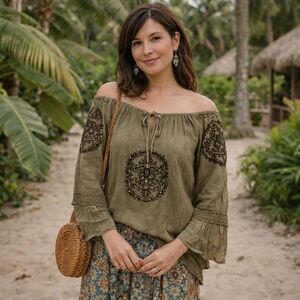 Young Threads Rustic Olive Embroidered Blouse